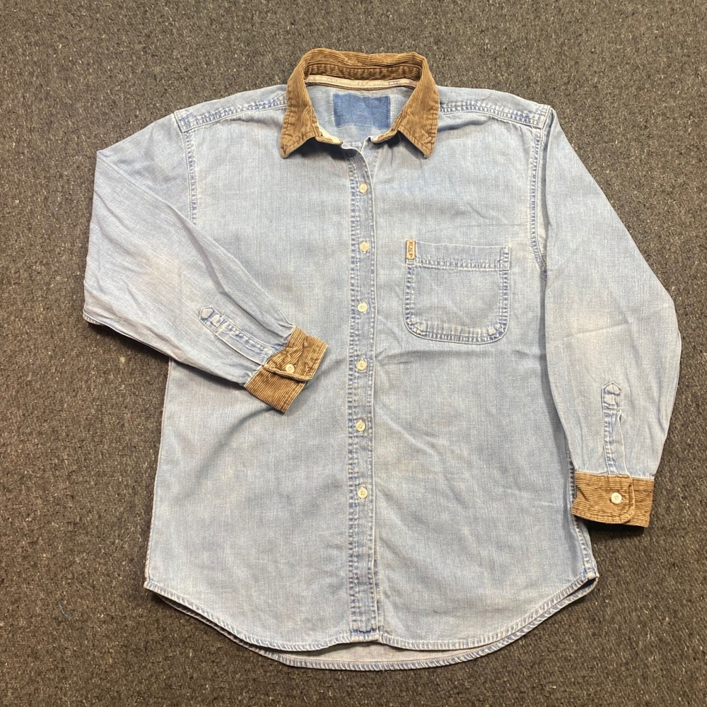 EXP Denim Shirt Sz S Womens Blue Grunge Corduroy Trim Long Sleeve Workwear Top
